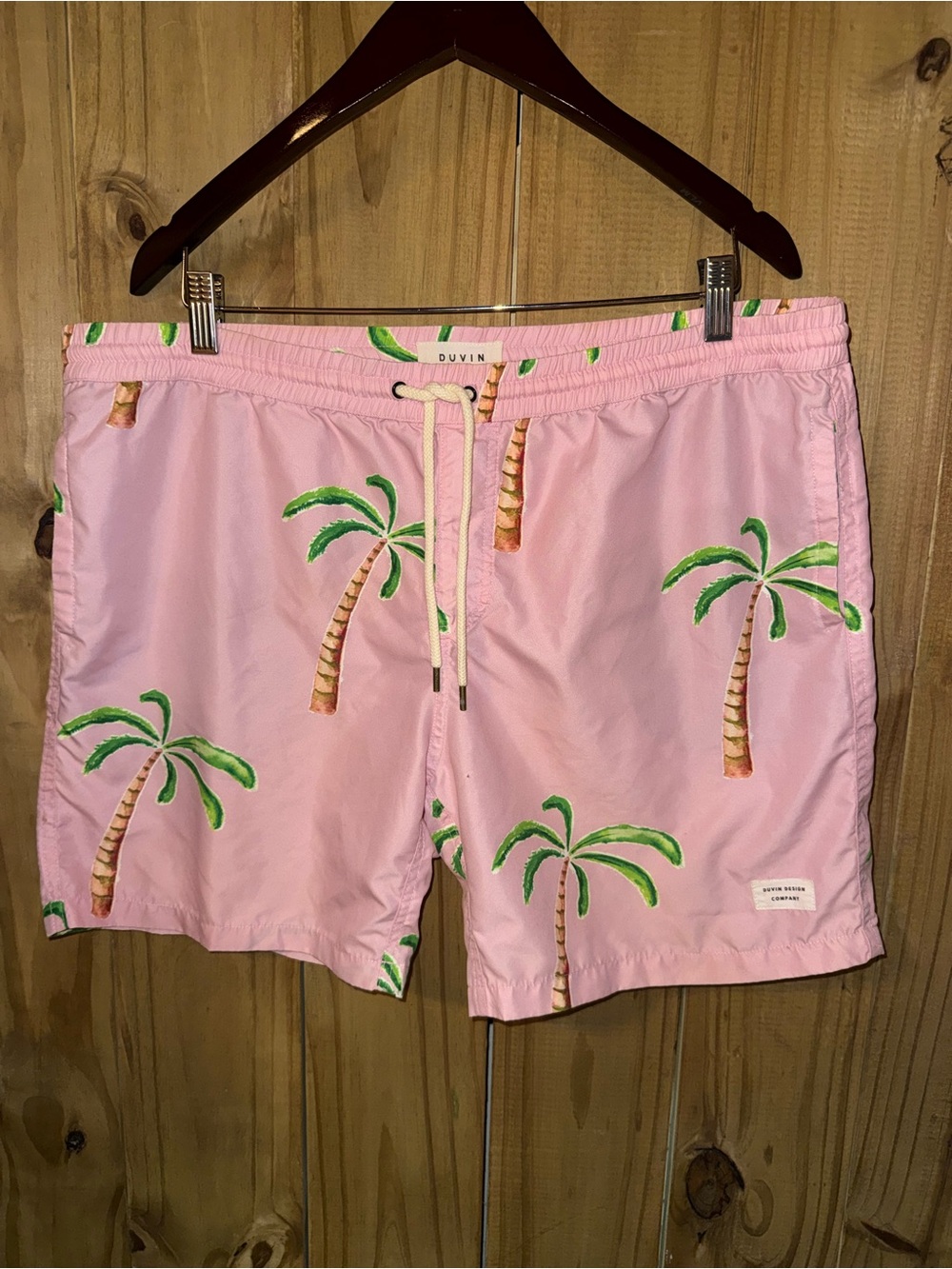 Duvin Pink Palm-Print Men's Swim Trunks